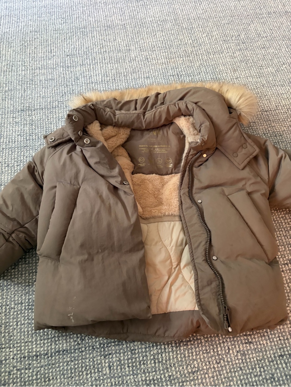 Zara Olive Brown Kids Puffer Jacket with Faux Fur Trim